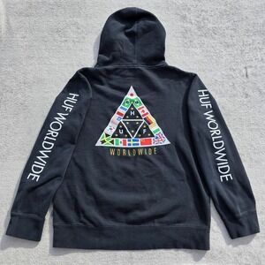 Huf Worlwide Hoodie Mens Medium Embroidered Triangle Flags Skateboard Sweatshirt